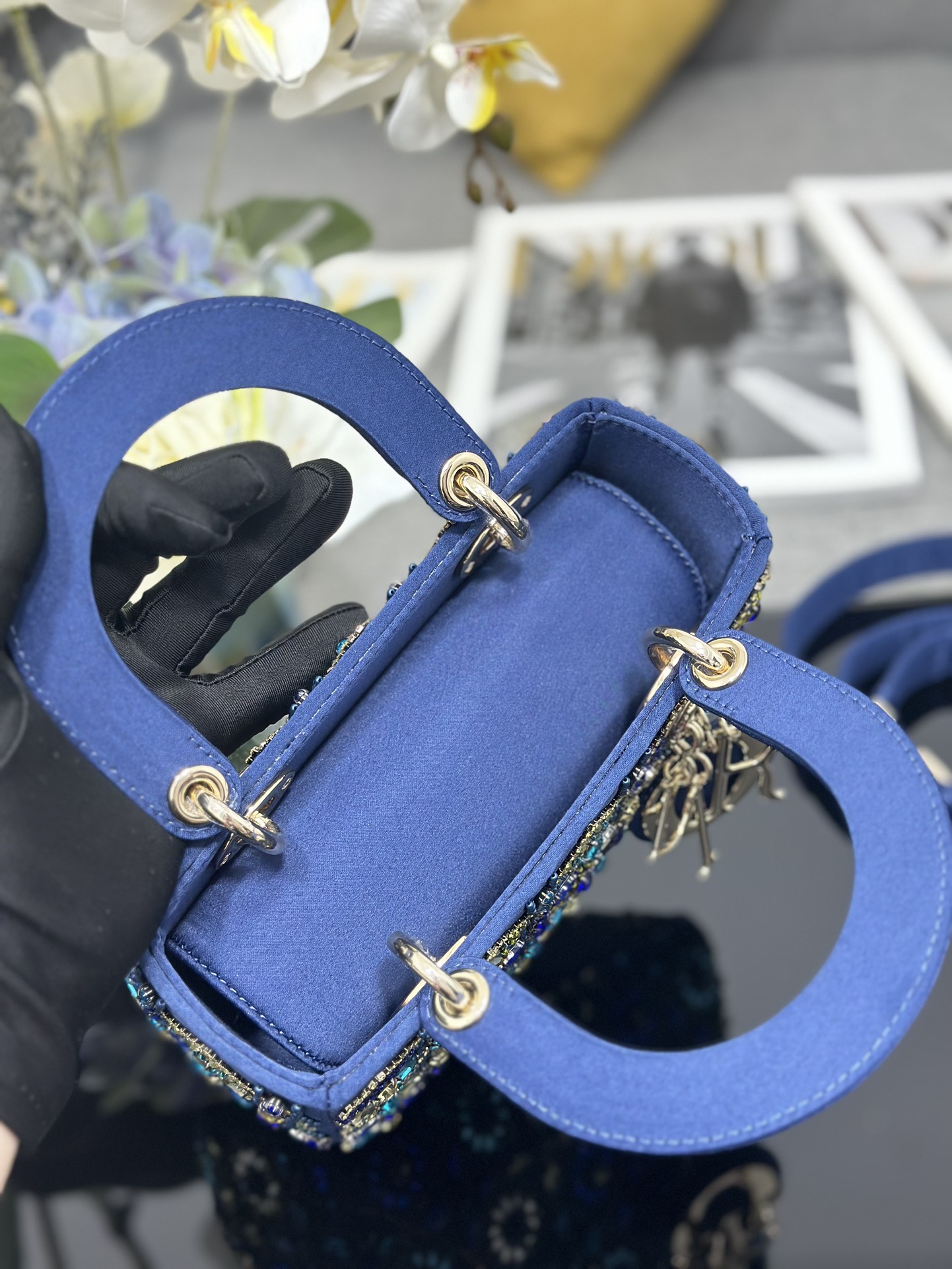 Small Lady Dior Bag Blue Satin Embroidered with Diamond